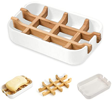 VEGCOO Bamboo soap holder, Natural Bamboo Soap Dish with Drainage Storage Holder, Durable Anti-Mould Natural Soap Box Soap Saver for Shower, Bathroom, Kitchen and Wash Basin (1 Pack White)