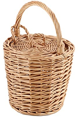 Small Wicker Basket, Round Storage Bin with Handle and Lid for Cell Phones Toys Sundries