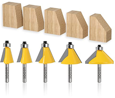 WSOOX 5 x Fasenfräser-Bits mit 6,35 mm Schaft, abgeschrägte Kanten, Formfräser-Bits (11,25 °, 15 °, 22,5 °, 30 °, 45 °)