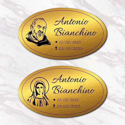 Targhetta funeraria commemorativa per lapidi, loculi e bare in laminato plastico oro o argento, INCISA, varie misure disponibili, disegni e cornici. MADE IN ITALY