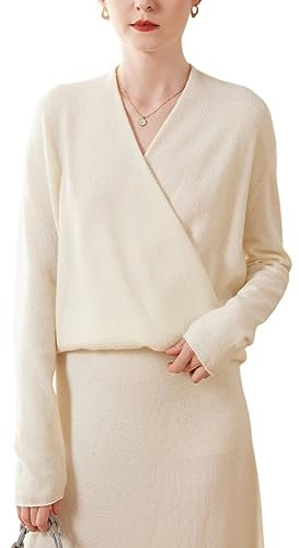 DISSA Damen Kaschmir Pullover Elfenbein V-Ausschnitt Langarm Strickpullover Damen Kaschmir Wolle Einfarbige Relaxed Dünner Pullover,42,SPR2357
