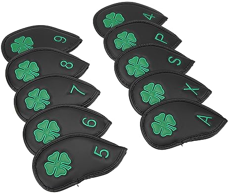 Club Head Covers, 10 PCS Iron Covers Four Leaf Clover Pattern PU Waterproof Delicate Iron Covers Set for Most Clubs (Black)
