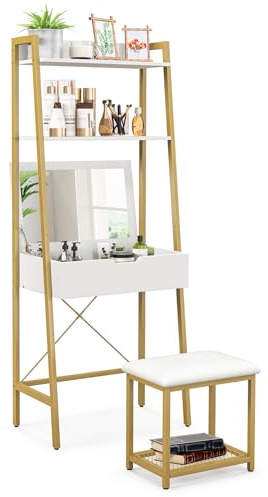 HOMASIS Mesa de Tocador con Taburete Acolchado, Tocador de Maquillaje con Espejo Reversible, Escritorio con estantes Dobles y 4 Compartimentos Ocultos, 64,5x39,5x164,5 cm (Blanco + Oro)