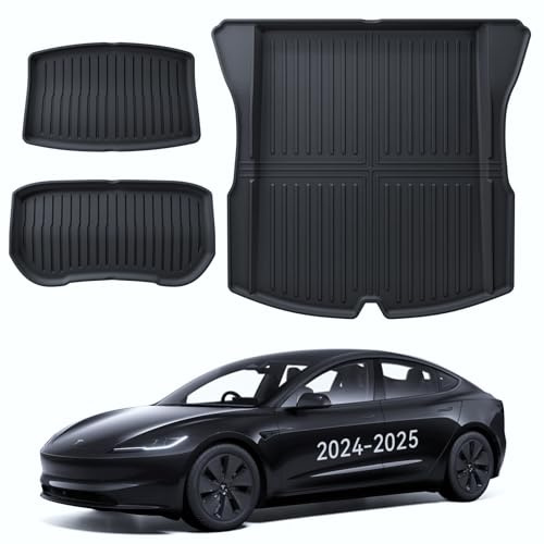 LANTU Tappetino del Bagagliaio 3 Pz per Tesla Model 3 2024-2026 Tappetino di Protezione TPE Tutte Le Stagioni, Posteriore, Inferiore e Anteriore per Tesla Model 3 Highland Accessori