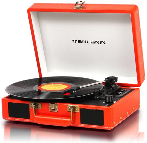 TANLANIN Portable Vinyl Record Player with Bluetooth and USB Recording, Vintage Suitcase Record Player with Built-in Stereo Speakers, 3-Speed Turntable, RCA/AUX/Headphone Jack, Orange