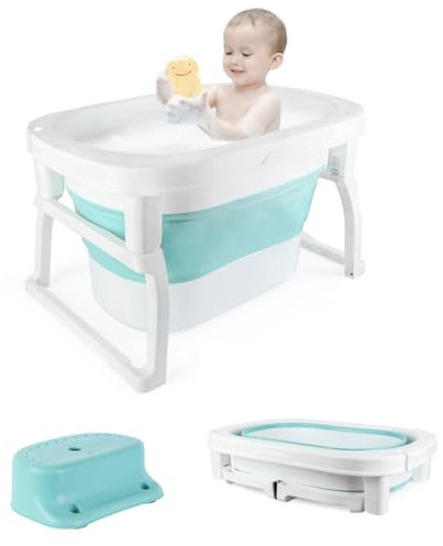 OHMG Bañera Plegable para Bebé con Taburete, Lavabo de Ducha Portátil Antideslizante para Niños Pequeños 0-3 Años, Agujeros de Drenaje