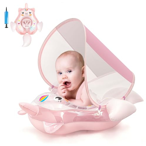 Flotteur gonflable licorne pour bébé avec auvent de 3 à 6 à 12 mois pour bébé fille et tout-petit - Bouée de piscine pour bébé - Siège gonflable pour bébé - Avec auvent d'ombrage - Pour 6-12-18-36