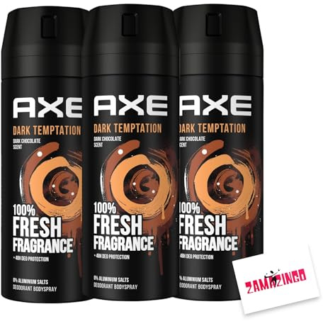 Axe Dark Temptation Deo Spray 150ml | 0% Aluminium, Frische dunkle Schokolade, 48H Schutz, drehbarer Kopf, 150ml + Zama4Zingo Karte (3er Pack)