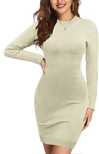 ZEAGOO Damklänning rund hals stickad klänning höst långärmad klänningar elegant bodycon tröjklänning casual enfärgad miniklänning, Beige, XXL