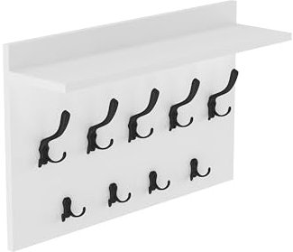 HWS FURNITURE Wandgarderobe Weiß mit 9 schwarz Haken, Wandregal, Wandmontierte Garderobe für Flur, Schlafzimmer, Büro, Loft-Stil