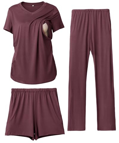 Rnxrbb 3 Piece Women's Maternity Nursing Pajamas Set V Neck Breastfeeding Pjs Sleepwear Postpartum Shorts&Pants Pockets,Dark purple M