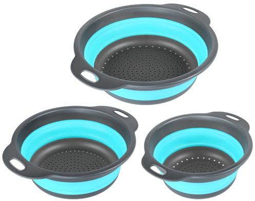 Pesutei Lot de 3 passoires pliables en silicone - Passoire pliable - Ustensiles de cuisine pour égoutter les pâtes, les fruits et les légumes - Bleu