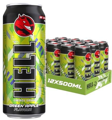 HELL Energy Drink Green Apple Flavour | 12 x 500ml Cans Multipack | 32mg/100ml Caffeine | Contains Vitamins B2 B3 B5 B6 B12 | Preservative Free | Vegan | Reduce Fatigue