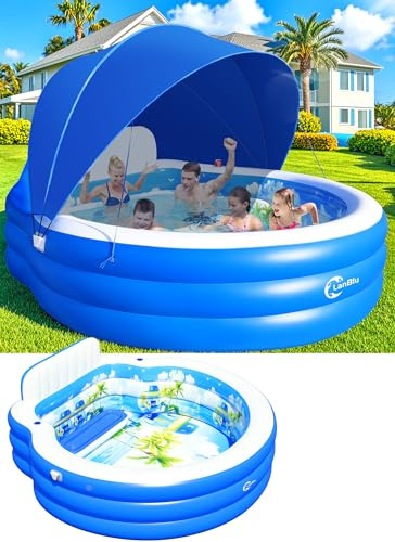 Lanblu 2026 Extra Large Upgraded Inflatable Pool with Canopy,Inflatable Family Lounge Pool,Round Blow Up Pool for Adult with Bench&Backrest,Swim Center Easy Backyard Pools for Kids & Adults90*90*80