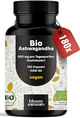 Bio Ashwagandha Kapseln hochdosiert - 180 Kapseln - 600 mg KSM-66®, vegan & produziert in Deutschland - Laborgeprüft - Verpackung kann variieren