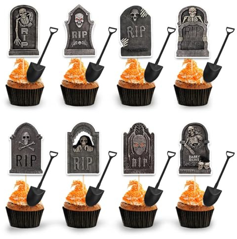 48 Pièces Halloween Cupcake Topper Décoration, Halloween Gâteau Topper, halloween Insert à Gâtea avec Motif de Pierre Tombale et Cuillère pour Fête d'Hallowee-n Cake Dessert