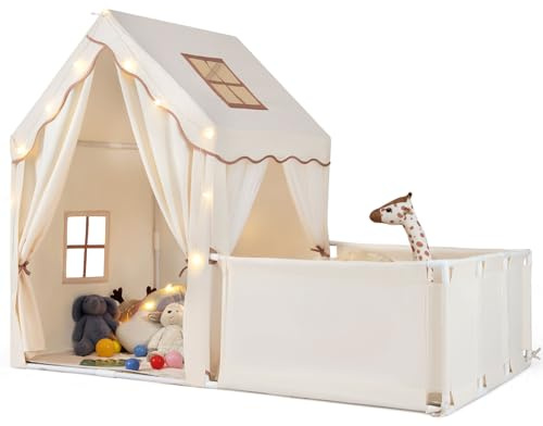 GOPLUS Tienda de Campaña Infantil con Parque, tipi Infantil Interior 2 en 1 con Patio, Luces Estrelladas, Alfombra de Algodón Lavable, Cortinas, Ventanas, Tienda de Juegos para Niños de 3+ Años (Café)