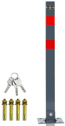 Peviasot Parkeringsspärr, vikbar, manuell avstängningsstolpe, parkeringsplatsstolpe, ppoller med 3 nycklar och 4 expansionsskruvar, stålspärrstolpar med reflexremsor