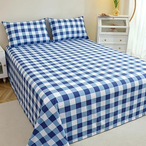 3er Set Bettlaken - Bettlaken mit 2 Kissenbezügen - Betttuch - Farbige Streifenblatt - Gemusterte Blatt- Haustuch Laken 100% Polyester ohne Gummizug Gemusterte Blatt (Blau-Weiß Karo, 168×244CM)