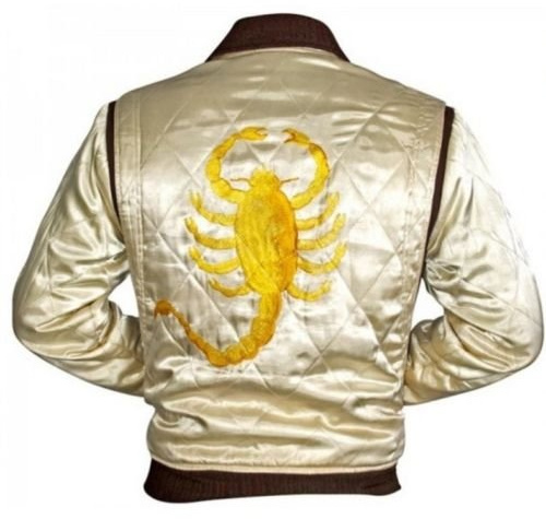 Men's Drive Bomber Jacket - Iconic Scorpion Embroidered Retro Racer, Ivory | Film-inspired retro-racer mens jacket, diamond-quilted satin shell, ribbed-knit collar, cuffs, hem, 2 side 2 inner-pockets