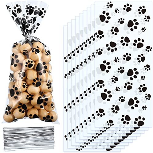 Blulu 100 Pieces Pet Paw Print Cone Cellophane Bags Heat Sealable Candy Bags Dog Paw Gift Bags Cat Treat Bags with 100 Silver Twist Ties for Pet Treat Party Favor