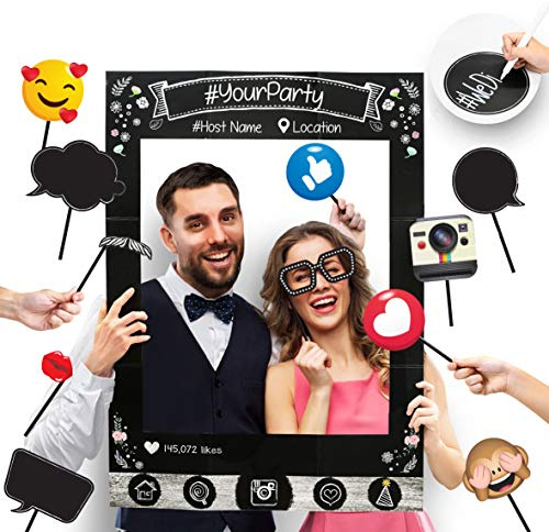 Cornice per selfie con cabina fotografica per feste sui social media a tema Instagram con Emoji e fumetti. Fotografia di sfondo vintage per compleanno, anniversario, decorazione di nozze