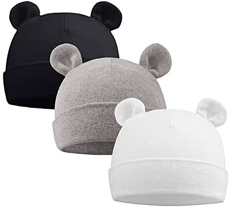 XIAOHAWANG Newborn Hospital Hat Preemie Boys Girls Beanie Cotton Bear Ears Infant Baby Hats 0-6 Months (White+Black+Gray, Preemie)
