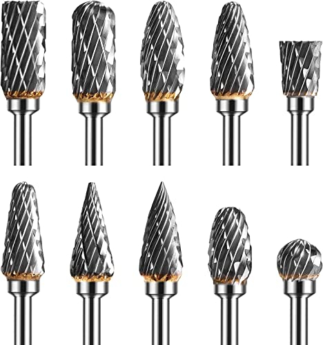 Juego de fresas rotativas de carburo de tungsteno, 10 piezas de brocas de tallado de doble corte con vástago de 1/8 y longitud de cabeza de 1/4 para bricolaje de carpintería, pulido, taladrado
