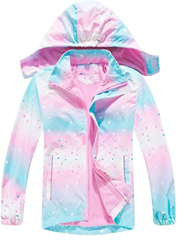 CAMLAKEE Girls Waterproof Jackets Kids Raincoats FLeece Lined Printed Hooded Coat Outdoor Windbreaker PinkHeart UK:7 -8 years (manufacturers's size: 130)