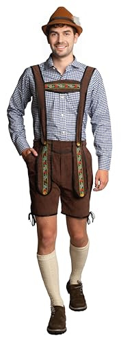 Partychimp Oktoberfest Tracht Set för män (kort mörkbrun lederhosen med hängslen + Oktoberfest-blus blå) Storlek L