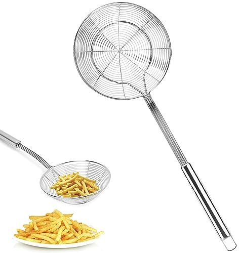 Schiumarola in Acciaio Inox,scolapasta con manico,Cucchiaio e schiumarola,Schiumarola a ragno,adatta per cucinare in cucina,grigliare,cuocere a vapore e scolare (14 cm)