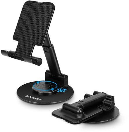 YXLILI Foldable Phone Stand Adjustable Angle Height Cell Phone Holder for Desk 360° Rotating Cellphone Stand for Office Compatible with iPhone15/14/13/12/11 Pro (4-9.7in)-Black