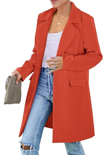 PRETTYGARDEN Women's 2025 Fall Long Blazer Jackets Long Sleeve Lapel Pockets Loose Fit Work Casual Blazers Outerwear (Orange Red,Large)