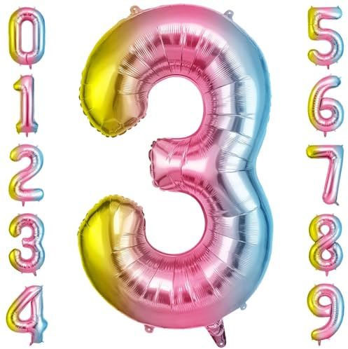 OFFCUP Globo Número 3, Gradiente Birthday Numbers Globo 101 cm Grande Foil Globos 40 Inch Helio Globos para Decoraciones de Fiestas Cumpleaños de niñas y niños, Aniversario de Graduación,3 Gradiente