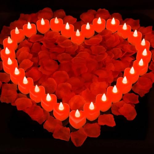 PLLYPE Velas de té LED en forma de corazón, 24 unidades, sin llama, en forma de corazón, velas sin llama, con 2000 hojas de rosa, para compromiso, propuesta de matrimonio, bodas