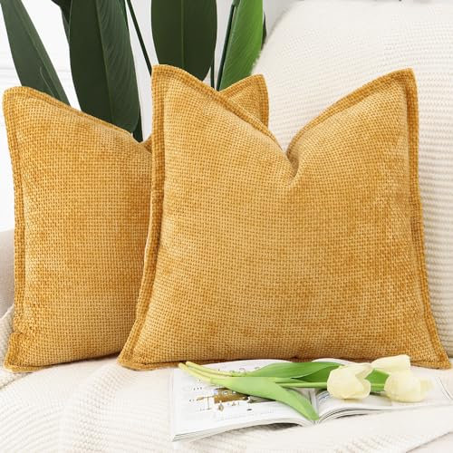 Madizz 2er Set Chenille Samt mit Rand Kissenbezüge Weiche Dekorativ Zierkissenbezüge Modern Kissenhülle für Sofa Wohnzimmer Schlafzimmer Gelb 50x50 cm