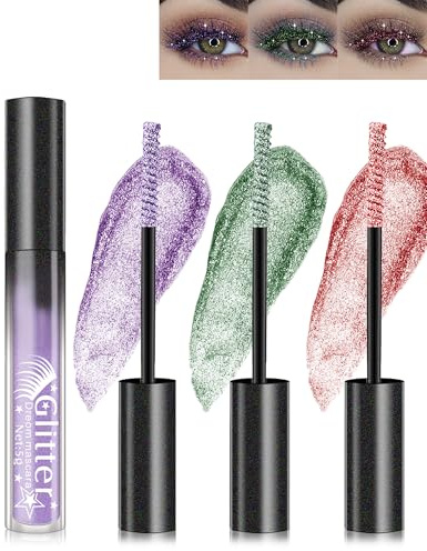 Mascara Glitter-3 couleurs Violet Vert Rose Métallique Brillant Mascara,Diamant Brillant Longue Tenue Volumisateur Extension Curling Cils, Waterproof Brillant Set Maquillage des Yeux Pour Femmes-3+5+7
