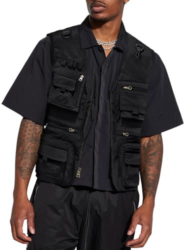 HAWILAND Safari Weste Herren mit Vielen Taschen Freizeit Ärmellose Weste Sommer Leichte Outdoor Anglerweste Schwarz L