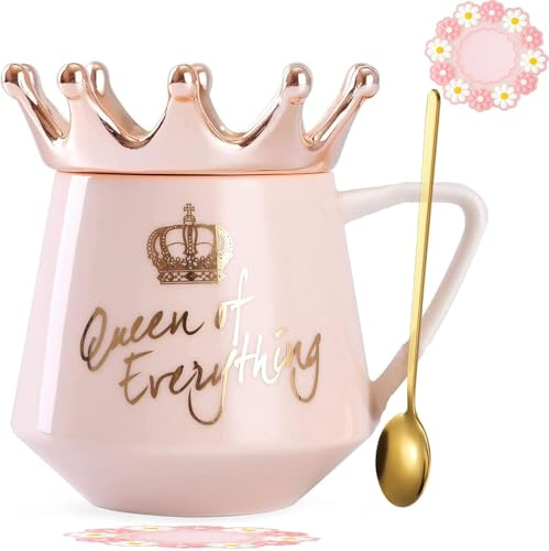 Arawat Queen of Everything kopp med lock krona rosa 350 ml keramisk kopp drottning Elizabeth kopp present födelsedagspresent till 20 30 40 50 60 70 80 kvinnor gåva till flickvän flicka mamma mormor