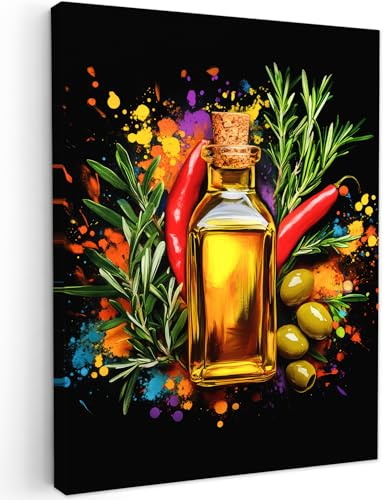 MuchoWow© Quadro Moderno Soggiorno 30x40 cm Decorazioni Da Parete Quadri Su Tela Da Salotto Grandi Foto Con Cornice Stampe Su Tela Camera Da Letto Olio d'oliva - Peperoncino - Olive