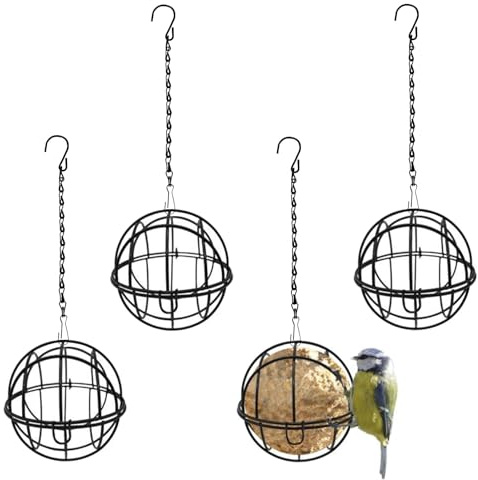 Comedero para Pájaros de Metal, 4 Piezas Comedero Pajaros con Gancho en S - Bolas de Grasa Colgantes Resistentes para Jardín y Aves Salvajes (Negro)