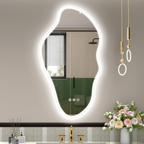 STARLEAD Asimétrico Espejo-Baño-con-Luz 90x50cm, Irregular Espejo-Baño-LED-Bluetooth, Regulable, 3 Colores Luz, Antivaho, Memoria, IP44, Vidrio Templado, Horizontal/Vertical