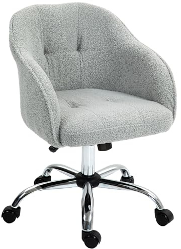 HOMCOM Chaise de Bureau, Fauteuil de Bureau Ergonomique en Peluche Teddy, Hauteur réglable, Assise et Dossier rembourrés, pivotant 360°, Design Moderne, pour Bureau, Chambre, Gris