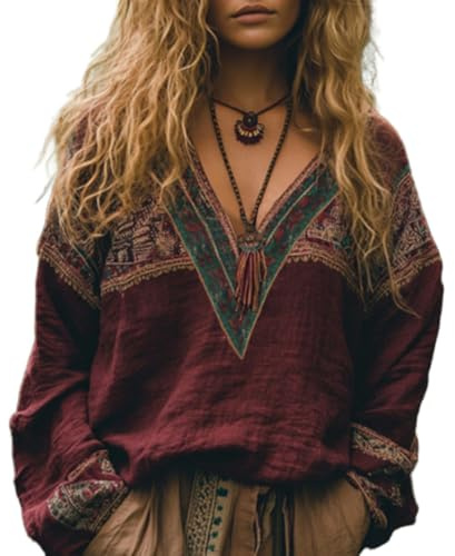 Fronage Cotton Tops for Women UK Floral Mexican Embroidered Tops Long Sleeve V Neck Boho Casual Peasant Blouse