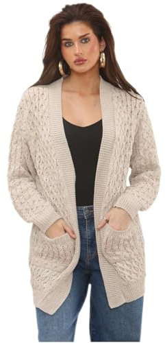 Stylo Online Ladies Chunky Cable Knit Cardigan Long Sleeve Open Front Sweater with Pockets Casual Oversized Knitwear Soft Acrylic Jumper Autumn Winter Spring Layering Coatigan
