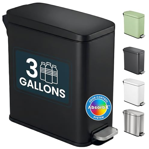 iTouchless 3 Gallon Small Wastebasket for Bathroom with Lid, Deodorizer, Soft-Step Stainless Steel Slim Garbage Bin, 11.5L Black Small Trash Can, Step Pedal, Modern Farmhouse Decor for Powder Room