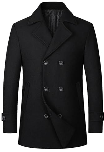 Herr blazer krage ullblandning ärtrock klassisk dubbelbröstad peatrock termisk quiltad fodrad ytterrock trenchcoat, Svart, XL
