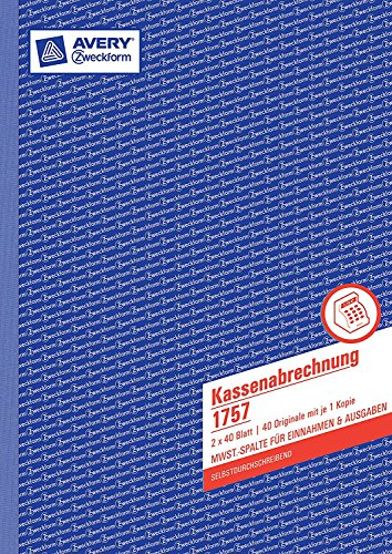 AVERY Zweckform 5 x Formularbuch Kassenabrechnung A4 selbstdurchschreibend VE=2x40 Blatt