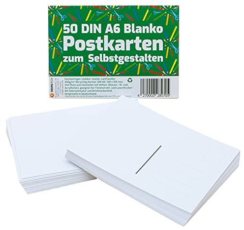Blanko-Postkarten DIN A6 350 g/m² zum Selbstgestalten – 50 Stück, Extra dick, sanftweiß, Recycling, graue Adresslineatur - Individuelles Malen, Zeichnen, Schreiben, Drucken, Prägen, Basteln