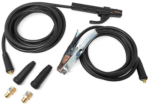 Portaelettrodo e pinza di terra ELCAN Professional 300A con 5 e 3 metri di cavo in rame da 16mm2 con connettori 10-25 installati e 2 connettori 35-50 extra